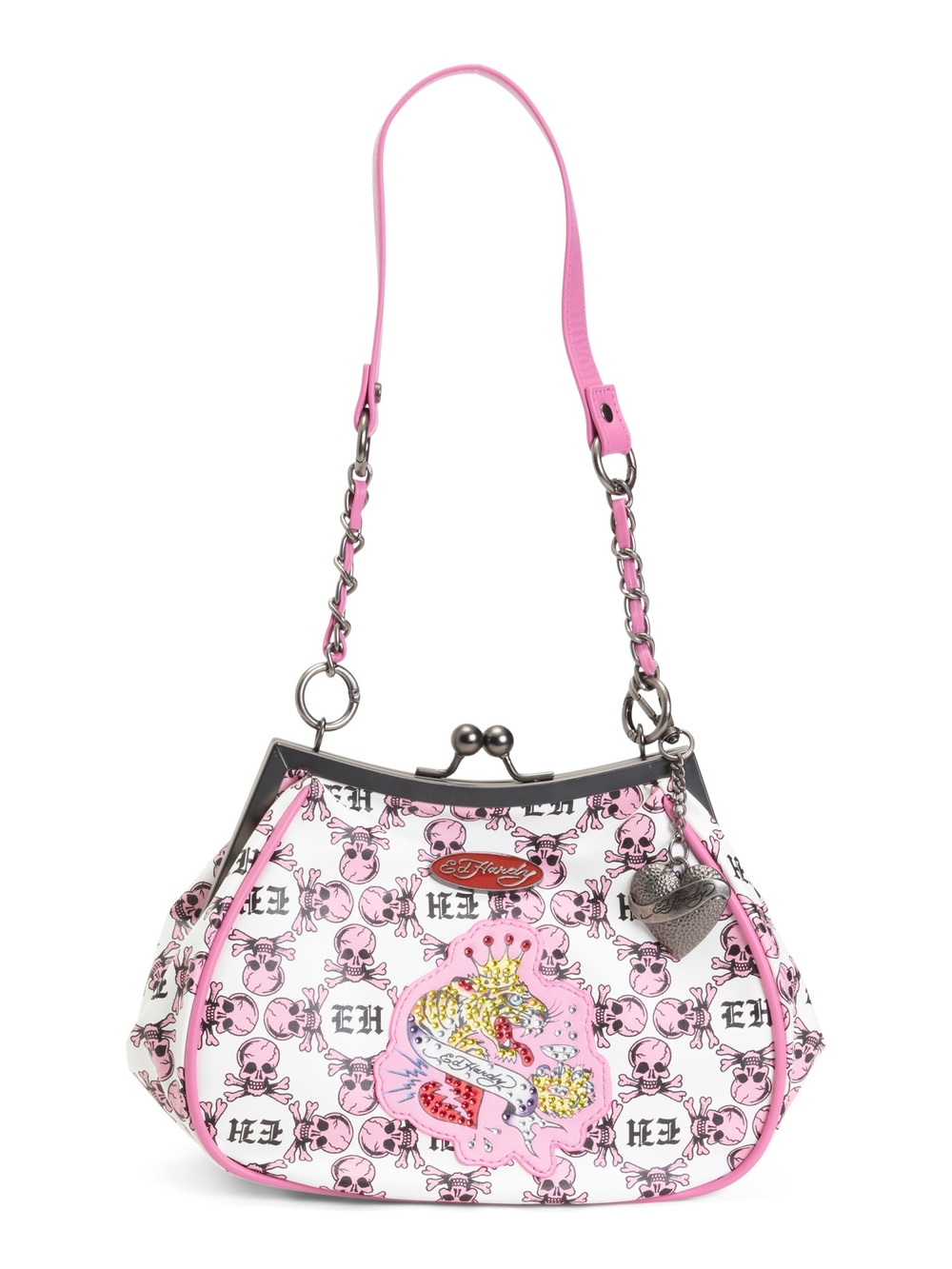 Ed Hardy Pink and White Skull-Print Shoulder Bag with Chain Strap